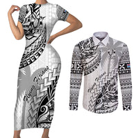 Fiji Rugby Couples Matching Short Sleeve Bodycon Dress and Long Sleeve Button Shirt Kaiviti Fijian Tribal World Cup White LT9 White - Polynesian Pride