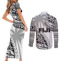 Fiji Rugby Couples Matching Short Sleeve Bodycon Dress and Long Sleeve Button Shirt Kaiviti Fijian Tribal World Cup White LT9 - Polynesian Pride