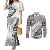 Custom Fiji Rugby Couples Matching Mermaid Dress and Long Sleeve Button Shirt Kaiviti Fijian Tribal World Cup White LT9 White - Polynesian Pride