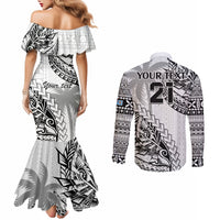 Custom Fiji Rugby Couples Matching Mermaid Dress and Long Sleeve Button Shirt Kaiviti Fijian Tribal World Cup White LT9 - Polynesian Pride