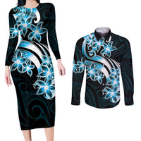Plumeria Tribal Tattoo Couples Matching Long Sleeve Bodycon Dress and Long Sleeve Button Shirt Blue Polynesian Pattern