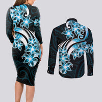 Plumeria Tribal Tattoo Couples Matching Long Sleeve Bodycon Dress and Long Sleeve Button Shirt Blue Polynesian Pattern