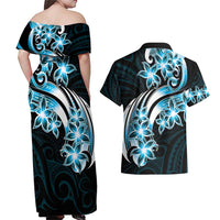 Plumeria Tribal Tattoo Couples Matching Off Shoulder Maxi Dress and Hawaiian Shirt Blue Polynesian Pattern