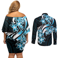 Plumeria Tribal Tattoo Couples Matching Off Shoulder Short Dress and Long Sleeve Button Shirt Blue Polynesian Pattern