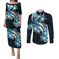 Plumeria Tribal Tattoo Couples Matching Puletasi and Long Sleeve Button Shirt Blue Polynesian Pattern