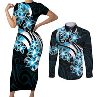 Plumeria Tribal Tattoo Couples Matching Short Sleeve Bodycon Dress and Long Sleeve Button Shirt Blue Polynesian Pattern