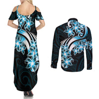 Plumeria Tribal Tattoo Couples Matching Summer Maxi Dress and Long Sleeve Button Shirt Blue Polynesian Pattern