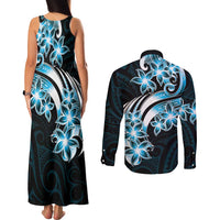 Plumeria Tribal Tattoo Couples Matching Tank Maxi Dress and Long Sleeve Button Shirt Blue Polynesian Pattern