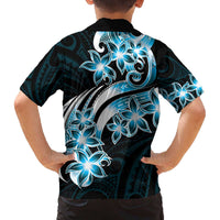Plumeria Tribal Tattoo Family Matching Off Shoulder Short Dress and Hawaiian Shirt Blue Polynesian Pattern