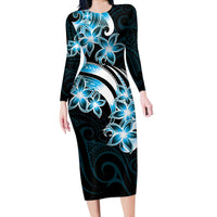 Plumeria Tribal Tattoo Long Sleeve Bodycon Dress Blue Polynesian Pattern