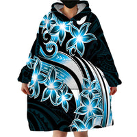 Plumeria Tribal Tattoo Wearable Blanket Hoodie Blue Polynesian Pattern
