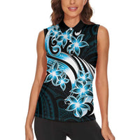 Plumeria Tribal Tattoo Women Sleeveless Polo Shirt Blue Polynesian Pattern