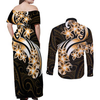 Plumeria Tribal Tattoo Couples Matching Off Shoulder Maxi Dress and Long Sleeve Button Shirt Gold Polynesian Pattern
