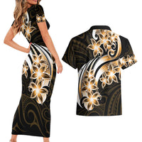 Plumeria Tribal Tattoo Couples Matching Short Sleeve Bodycon Dress and Hawaiian Shirt Gold Polynesian Pattern