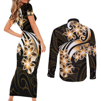 Plumeria Tribal Tattoo Couples Matching Short Sleeve Bodycon Dress and Long Sleeve Button Shirt Gold Polynesian Pattern