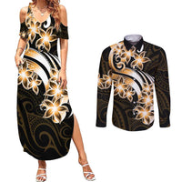 Plumeria Tribal Tattoo Couples Matching Summer Maxi Dress and Long Sleeve Button Shirt Gold Polynesian Pattern