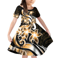 Plumeria Tribal Tattoo Family Matching Off Shoulder Short Dress and Hawaiian Shirt Gold Polynesian Pattern