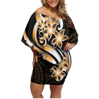 Plumeria Tribal Tattoo Family Matching Off Shoulder Short Dress and Hawaiian Shirt Gold Polynesian Pattern