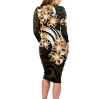 Plumeria Tribal Tattoo Long Sleeve Bodycon Dress Gold Polynesian Pattern