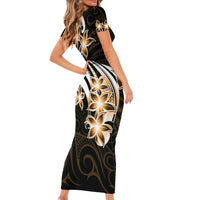 Plumeria Tribal Tattoo Short Sleeve Bodycon Dress Gold Polynesian Pattern LT9 - Polynesian Pride
