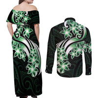 Plumeria Tribal Tattoo Couples Matching Off Shoulder Maxi Dress and Long Sleeve Button Shirt Green Polynesian Pattern