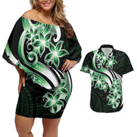 Plumeria Tribal Tattoo Couples Matching Off Shoulder Short Dress and Hawaiian Shirt Green Polynesian Pattern