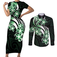 Plumeria Tribal Tattoo Couples Matching Short Sleeve Bodycon Dress and Long Sleeve Button Shirt Green Polynesian Pattern
