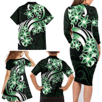 Plumeria Tribal Tattoo Family Matching Long Sleeve Bodycon Dress and Hawaiian Shirt Green Polynesian Pattern