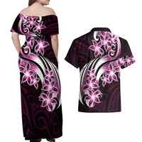 Plumeria Tribal Tattoo Couples Matching Off Shoulder Maxi Dress and Hawaiian Shirt Pink Polynesian Pattern