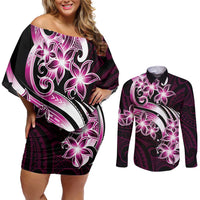 Plumeria Tribal Tattoo Couples Matching Off Shoulder Short Dress and Long Sleeve Button Shirt Pink Polynesian Pattern