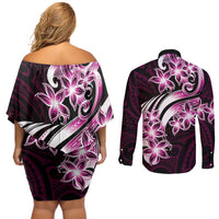 Plumeria Tribal Tattoo Couples Matching Off Shoulder Short Dress and Long Sleeve Button Shirt Pink Polynesian Pattern