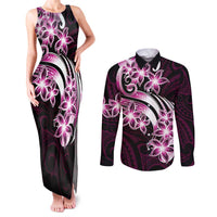 Plumeria Tribal Tattoo Couples Matching Tank Maxi Dress and Long Sleeve Button Shirt Pink Polynesian Pattern