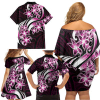 Plumeria Tribal Tattoo Family Matching Off Shoulder Short Dress and Hawaiian Shirt Pink Polynesian Pattern