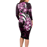 Plumeria Tribal Tattoo Long Sleeve Bodycon Dress Pink Polynesian Pattern
