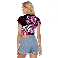 Plumeria Tribal Tattoo Raglan Cropped T Shirt Pink Polynesian Pattern