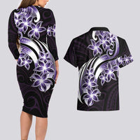 Plumeria Tribal Tattoo Couples Matching Long Sleeve Bodycon Dress and Hawaiian Shirt Purple Polynesian Pattern