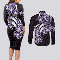 Plumeria Tribal Tattoo Couples Matching Long Sleeve Bodycon Dress and Long Sleeve Button Shirt Purple Polynesian Pattern