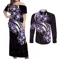 Plumeria Tribal Tattoo Couples Matching Off Shoulder Maxi Dress and Long Sleeve Button Shirt Purple Polynesian Pattern