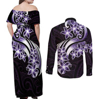 Plumeria Tribal Tattoo Couples Matching Off Shoulder Maxi Dress and Long Sleeve Button Shirt Purple Polynesian Pattern