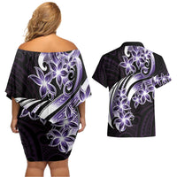 Plumeria Tribal Tattoo Couples Matching Off Shoulder Short Dress and Hawaiian Shirt Purple Polynesian Pattern