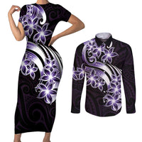 Plumeria Tribal Tattoo Couples Matching Short Sleeve Bodycon Dress and Long Sleeve Button Shirt Purple Polynesian Pattern