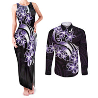 Plumeria Tribal Tattoo Couples Matching Tank Maxi Dress and Long Sleeve Button Shirt Purple Polynesian Pattern