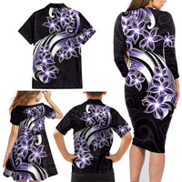 Plumeria Tribal Tattoo Family Matching Long Sleeve Bodycon Dress and Hawaiian Shirt Purple Polynesian Pattern