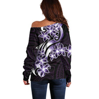 Plumeria Tribal Tattoo Off Shoulder Sweater Purple Polynesian Pattern