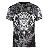 Personalised New Zealand Rugby Women V Neck T Shirt Silver Fern All Black Mix Ta Moko White Style LT9 - Polynesian Pride