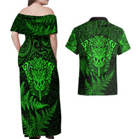 New Zealand Rugby Couples Matching Off Shoulder Maxi Dress and Hawaiian Shirt Silver Fern All Black Mix Ta Moko Green Style LT9 - Polynesian Pride