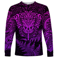 New Zealand Rugby Long Sleeve Shirt Silver Fern All Black Mix Ta Moko Purple Style LT9 Unisex Purple - Polynesian Pride