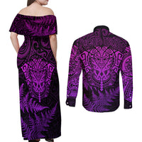 Personalised New Zealand Rugby Couples Matching Off Shoulder Maxi Dress and Long Sleeve Button Shirts Silver Fern All Black Mix Ta Moko Purple Style LT9 - Polynesian Pride