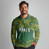 World Rugby Cook Islands Long Sleeve Polo Shirt Green Polynesian Tribal Pattern - Polynesian Pride