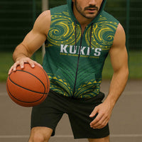 World Rugby Cook Islands Sleeveless Zip Hoodie Green Polynesian Tribal Pattern - Polynesian Pride
